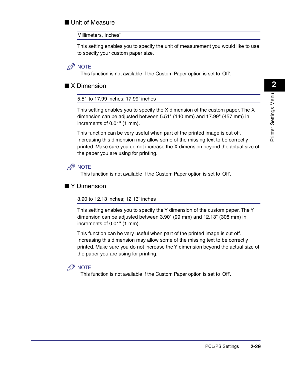 Unit of measure, X dimension, Y dimension | Canon imageRUNNER C3100 N User Manual | Page 59 / 158