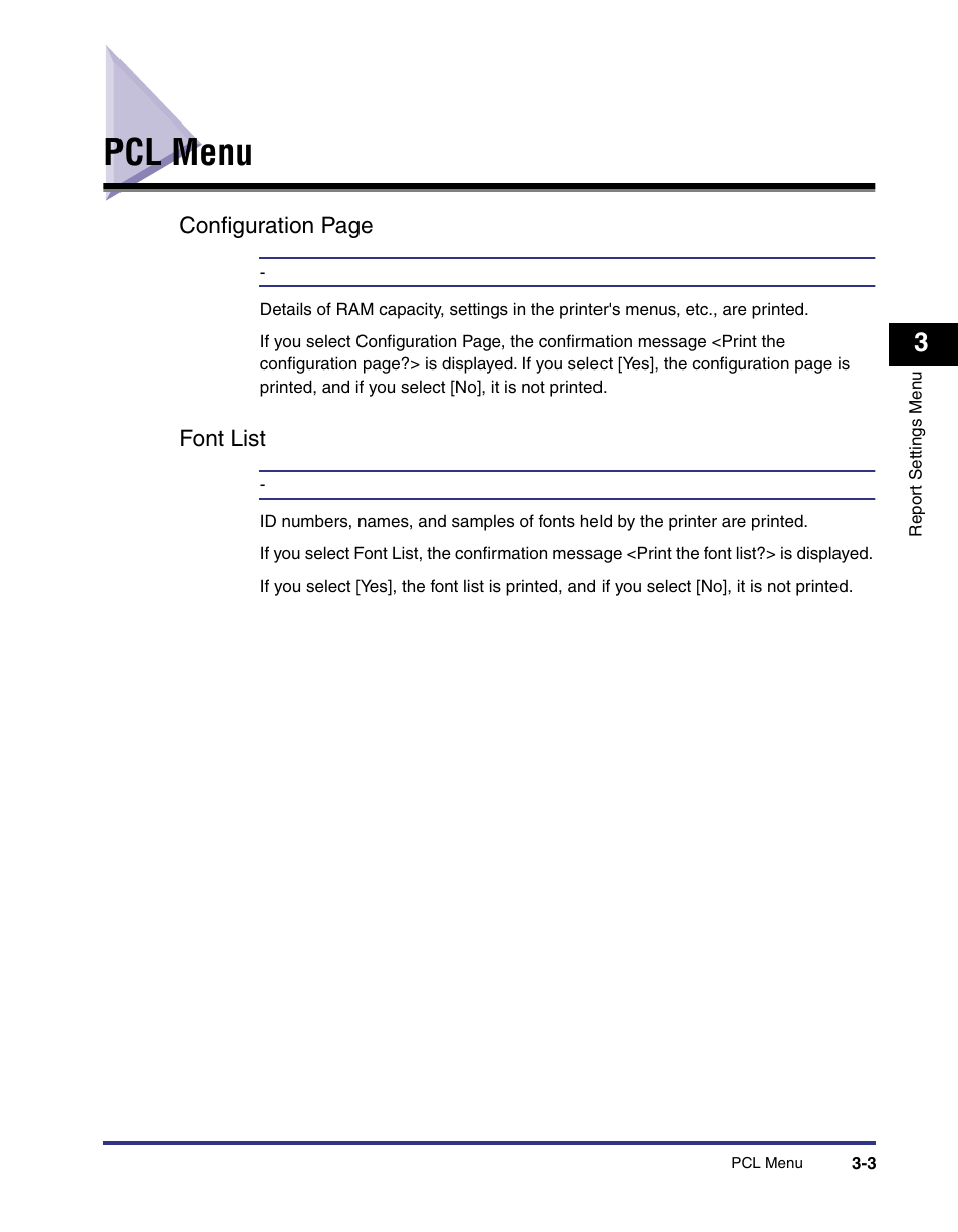 Pcl menu, Font list, Pcl menu -3 | Font list -3 | Canon imageRUNNER C3100 N User Manual | Page 75 / 158