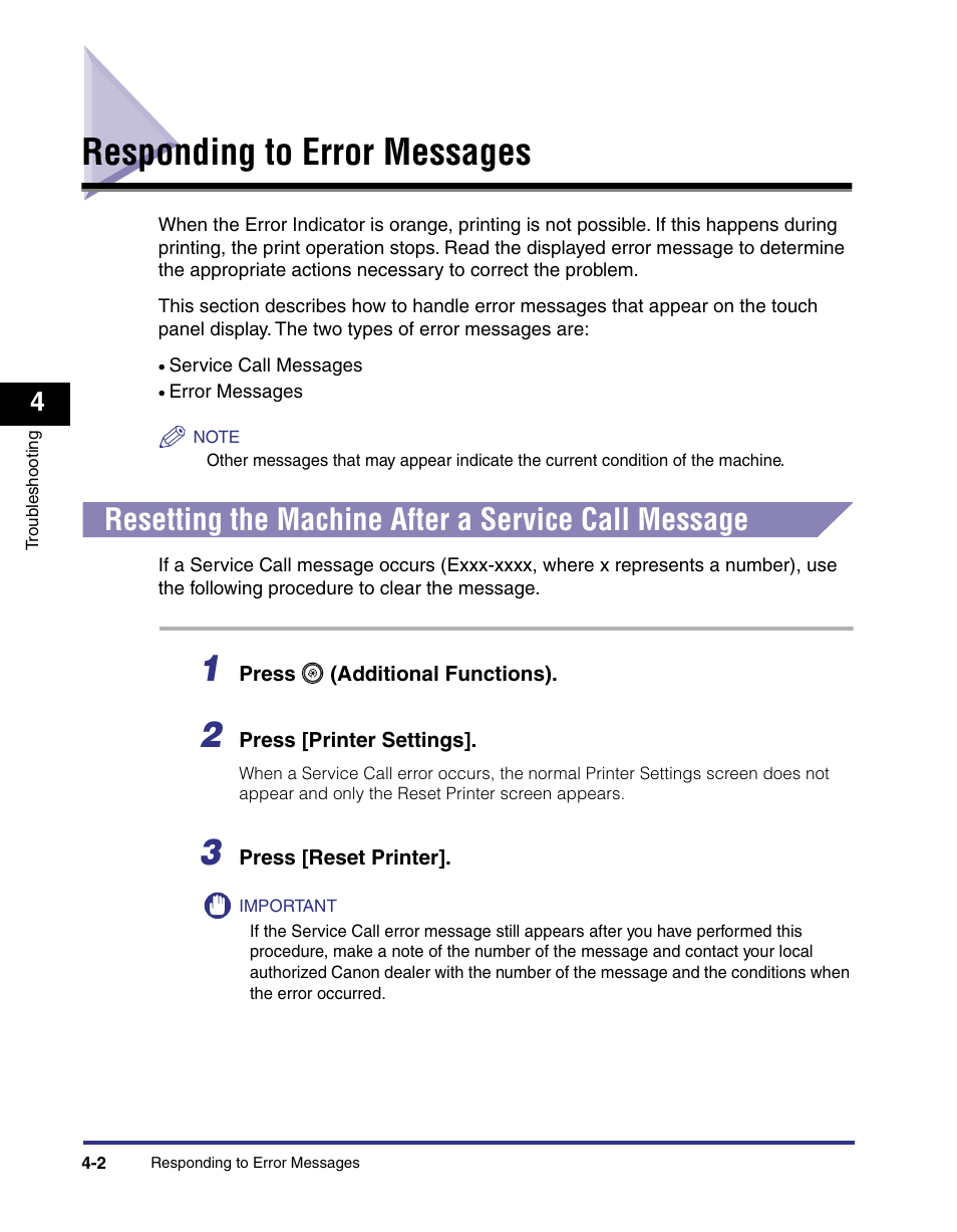 Responding to error messages, Resetting the machine after a service call message, Responding to error messages -2 | Canon imageRUNNER C3100 N User Manual | Page 78 / 158