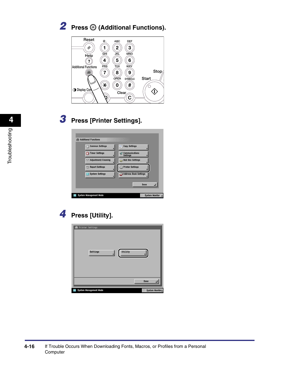 Press (additional functions), Press [printer settings, Press [utility | Canon imageRUNNER C3100 N User Manual | Page 92 / 158