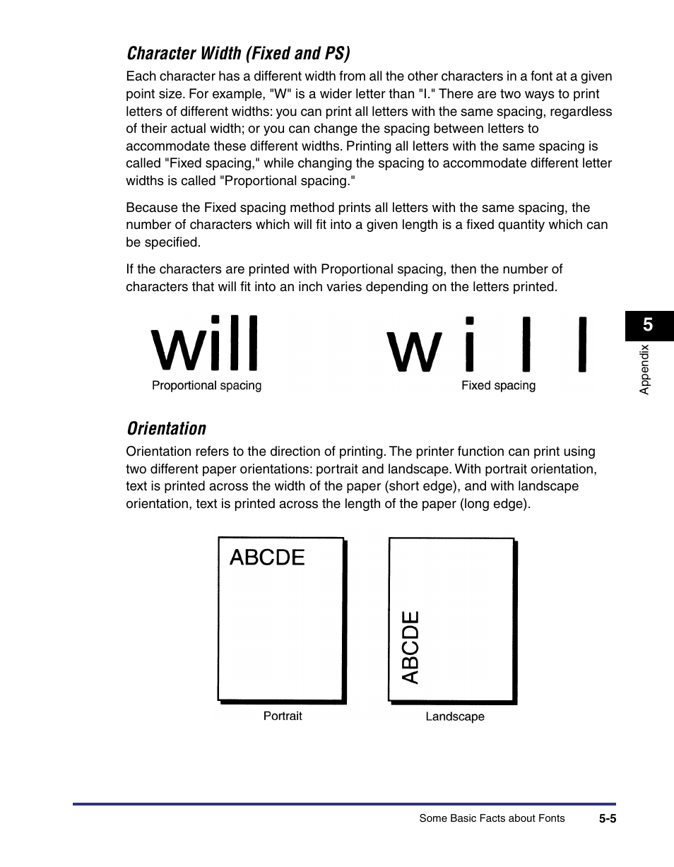 Character width (fixed and ps), Orientation | Canon imageRUNNER C3100 N User Manual | Page 99 / 158