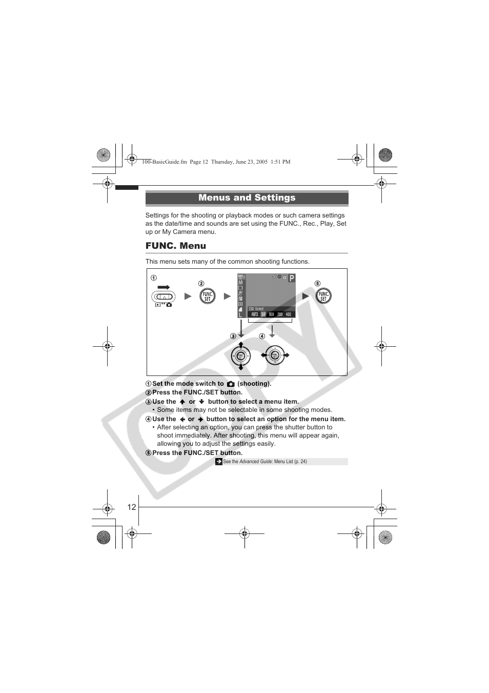Func. menu, Menus and settings | Canon A620 User Manual | Page 14 / 26