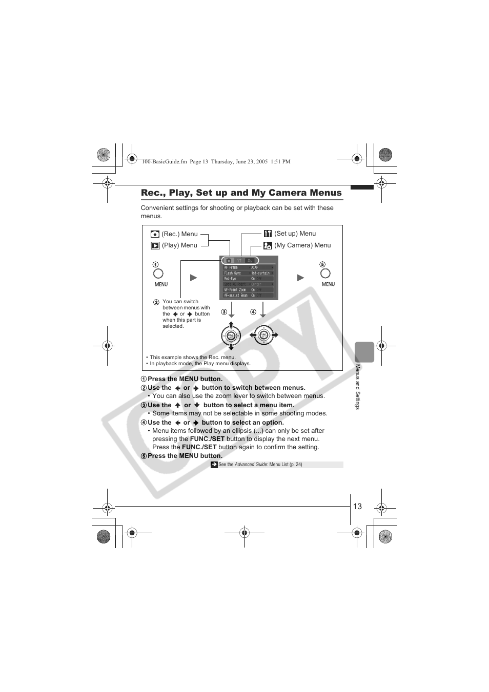 Rec., play, set up and my camera menus | Canon A620 User Manual | Page 15 / 26