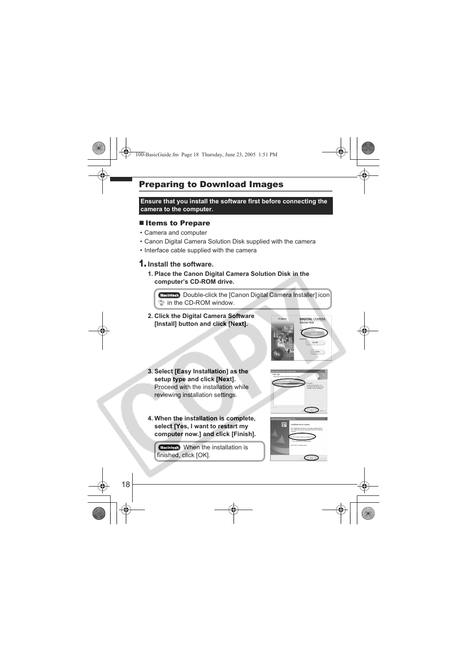 Preparing to download images | Canon A620 User Manual | Page 20 / 26
