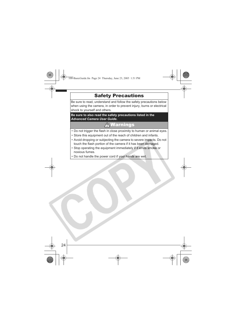 Safety precautions, Warnings | Canon A620 User Manual | Page 26 / 26