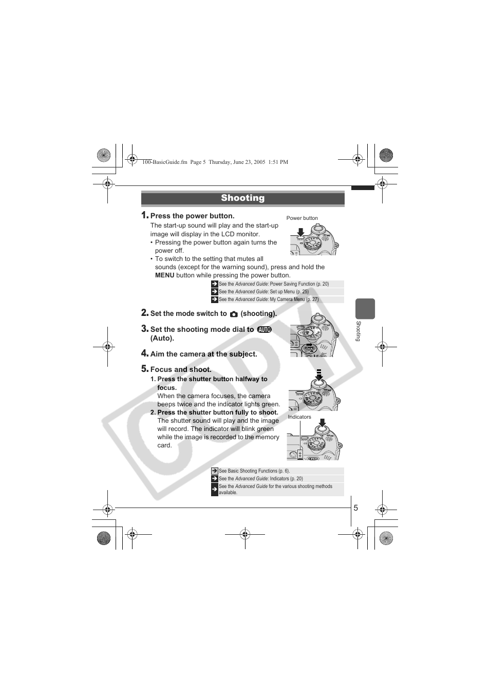 Shooting | Canon A620 User Manual | Page 7 / 26