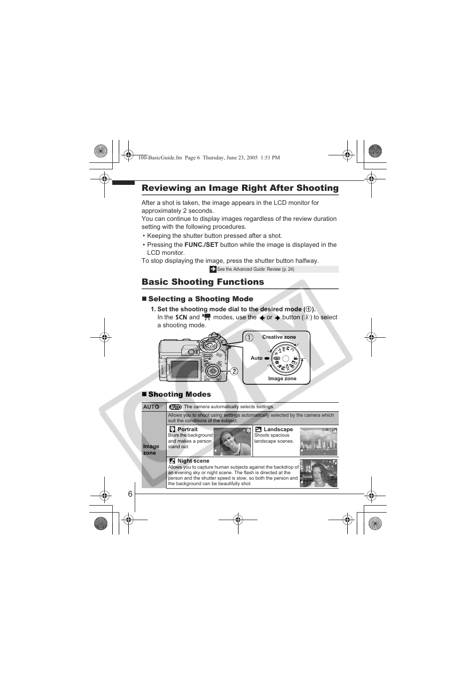 Reviewing an image right after shooting, Basic shooting functions | Canon A620 User Manual | Page 8 / 26