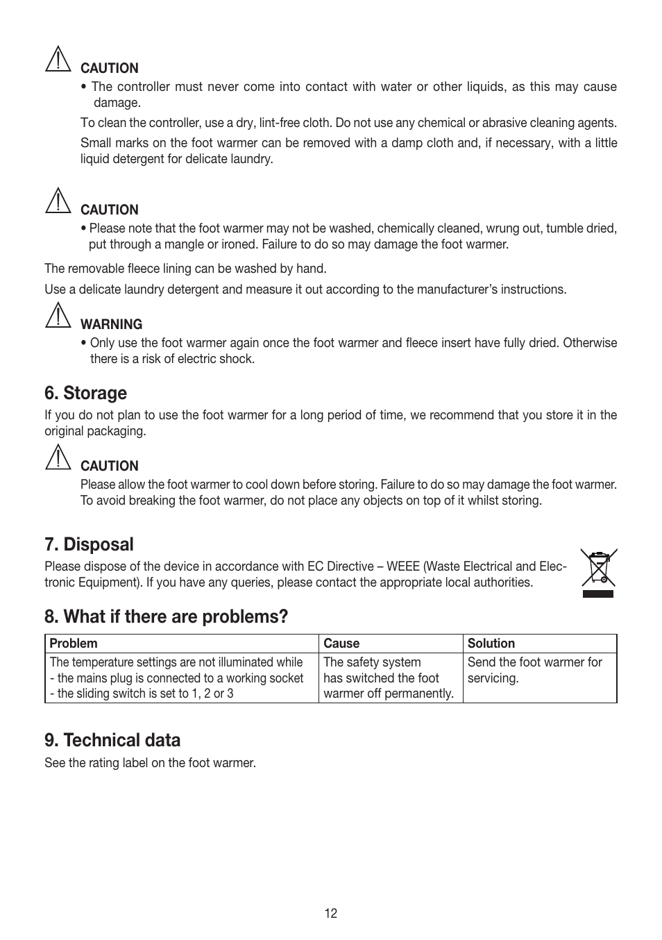 Storage, Disposal, What if there are problems | Technical data | Beurer FW 20 User Manual | Page 12 / 48