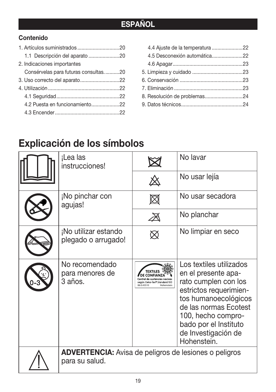 Explicación de los símbolos | Beurer FW 20 User Manual | Page 19 / 48