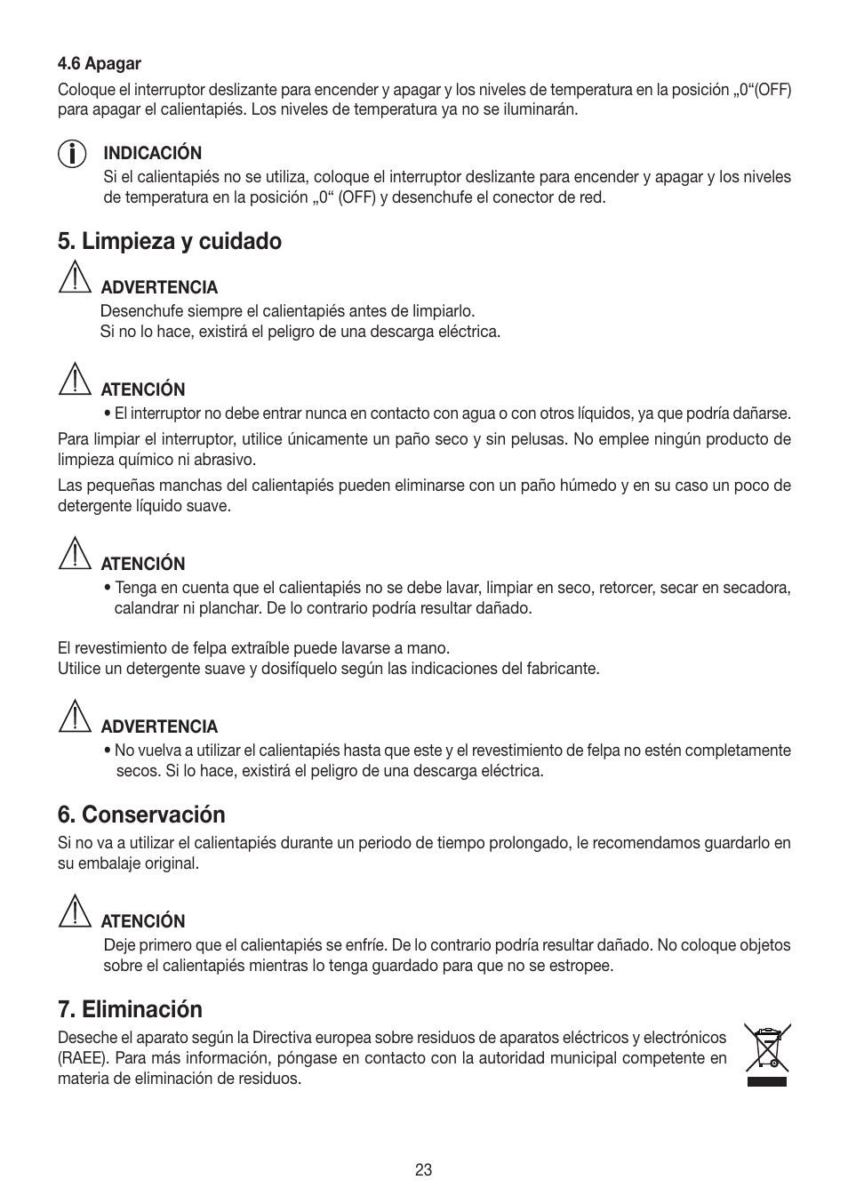 Limpieza y cuidado, Conservación, Eliminación | Beurer FW 20 User Manual | Page 23 / 48