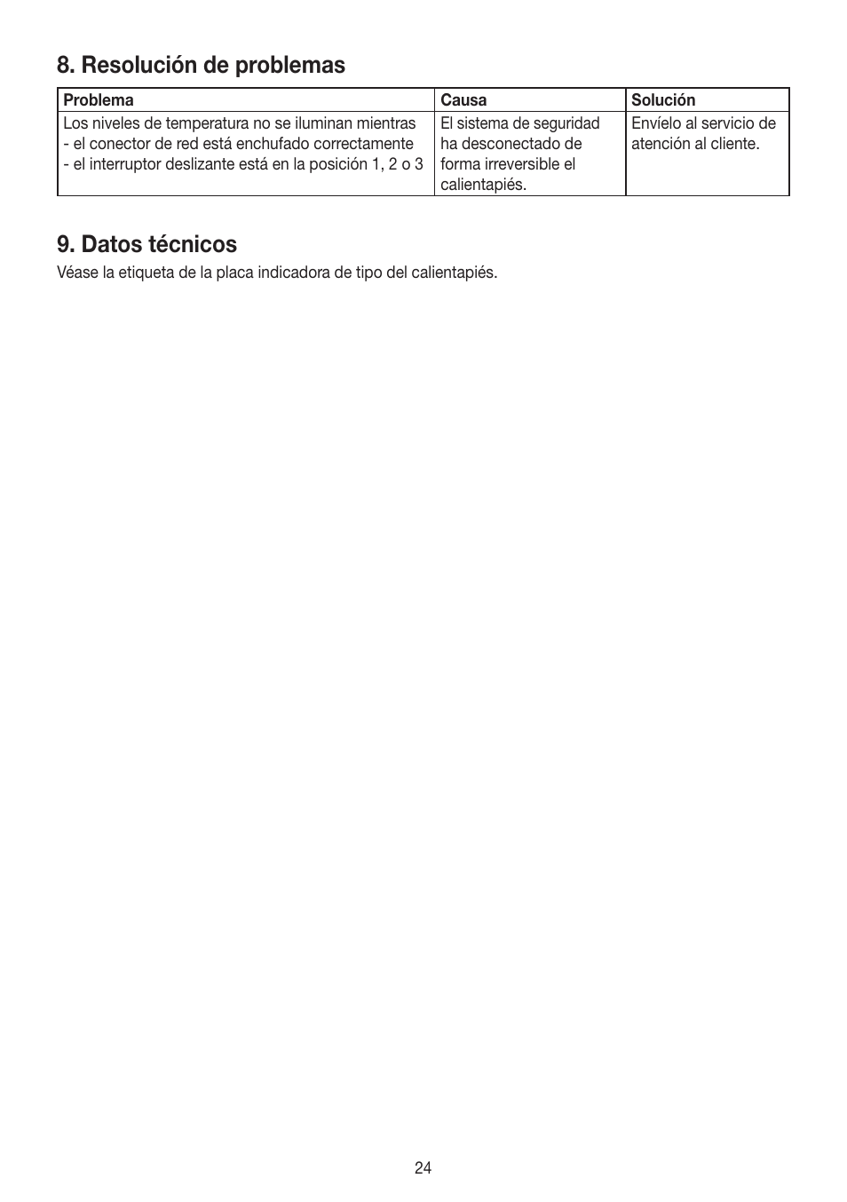 Resolución de problemas, Datos técnicos | Beurer FW 20 User Manual | Page 24 / 48