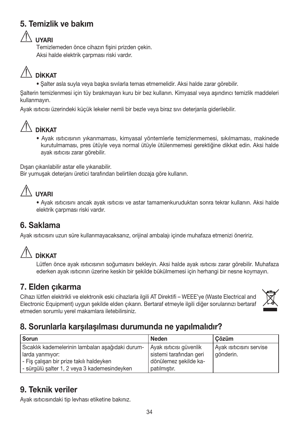 Temizlik ve bakım, Saklama, Elden çıkarma | Teknik veriler | Beurer FW 20 User Manual | Page 34 / 48