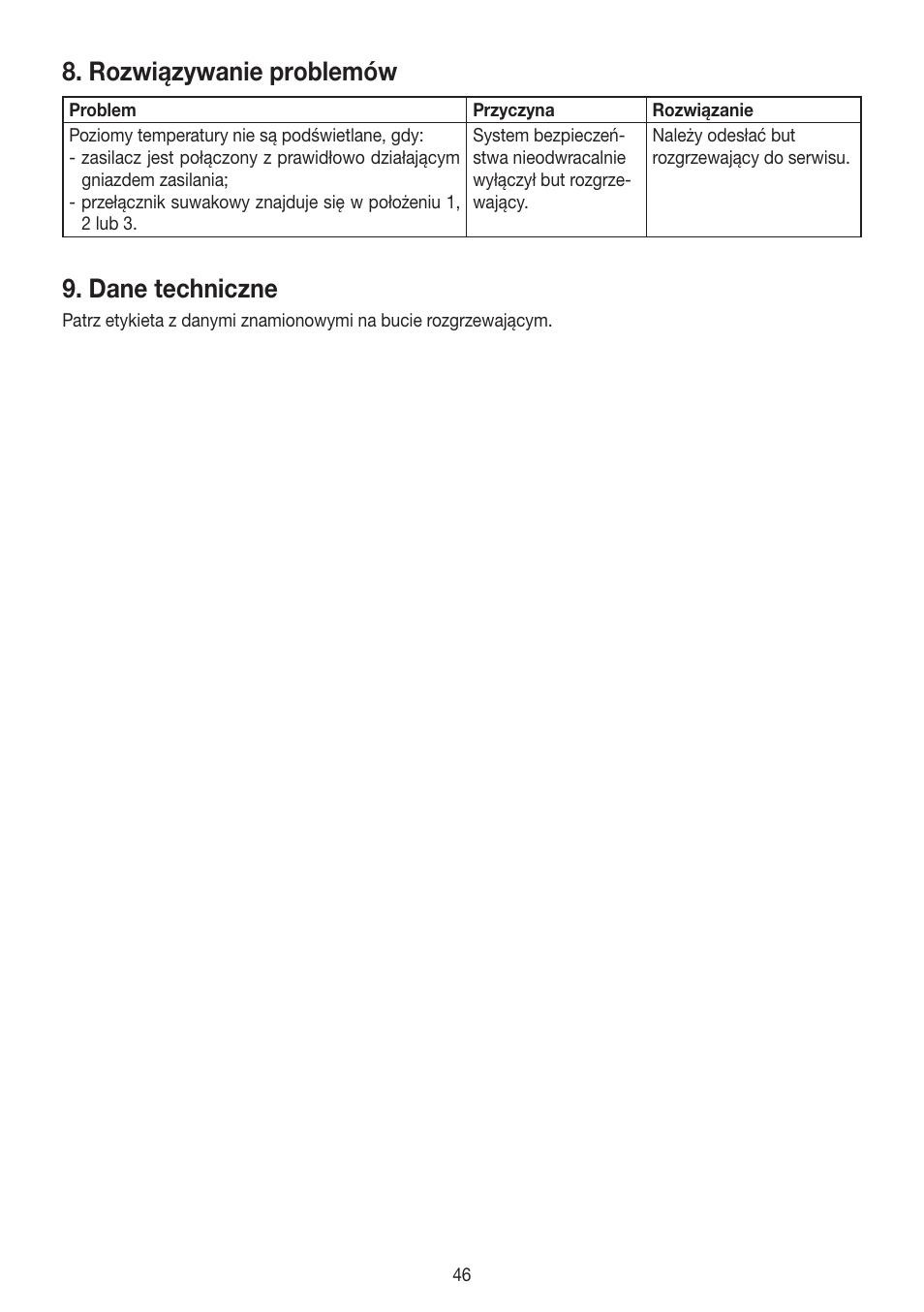 Rozwiązywanie problemów, Dane techniczne | Beurer FW 20 User Manual | Page 46 / 48