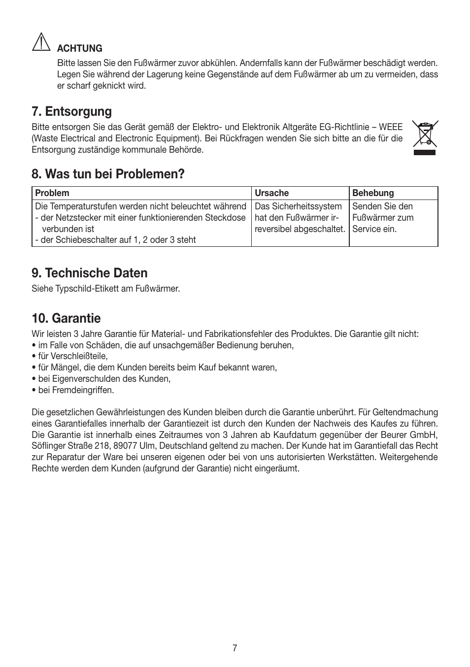 Entsorgung, Was tun bei problemen, Technische daten | Garantie | Beurer FW 20 User Manual | Page 7 / 48