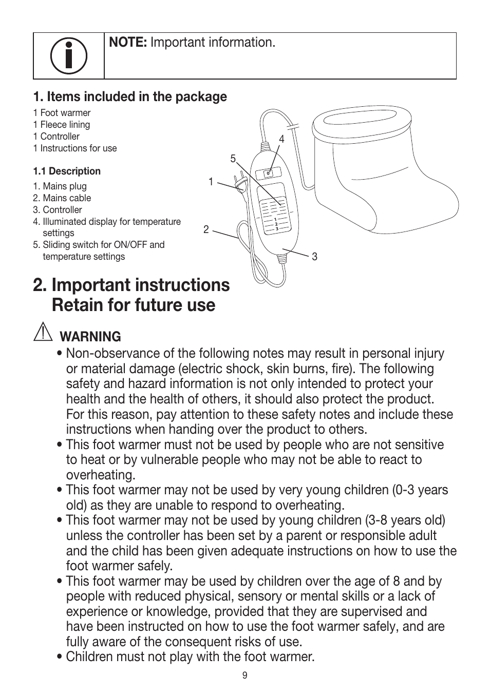 Important instructions retain for future use | Beurer FW 20 User Manual | Page 9 / 48