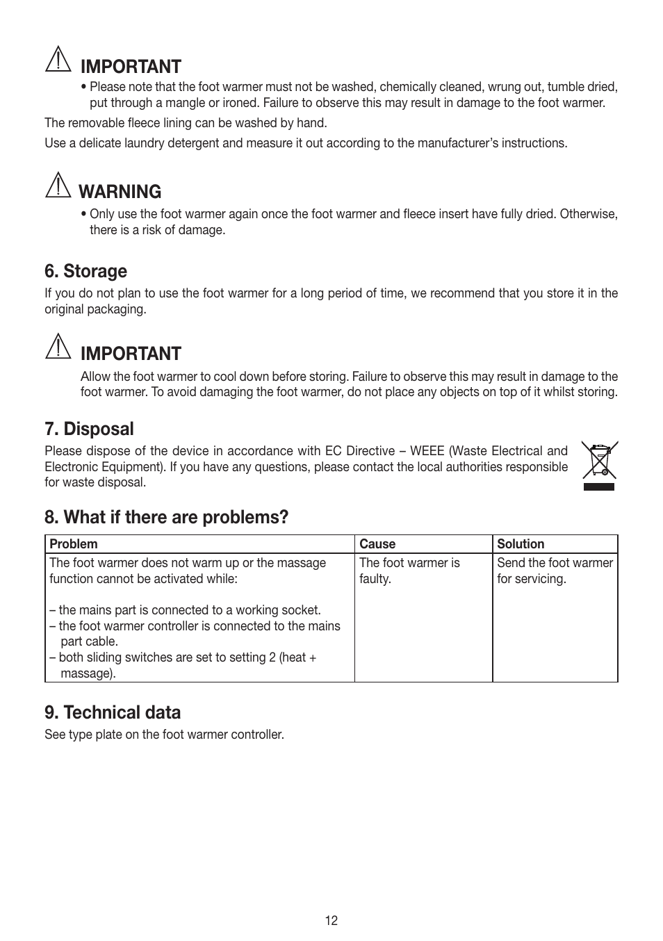 Important, Warning, Storage | Disposal, What if there are problems, Technical data | Beurer FWM 40 User Manual | Page 12 / 44