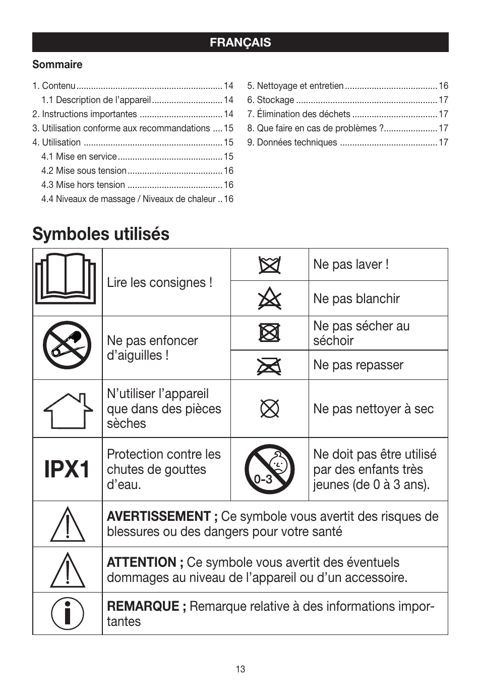 Ipx1, Symboles utilisés | Beurer FWM 40 User Manual | Page 13 / 44