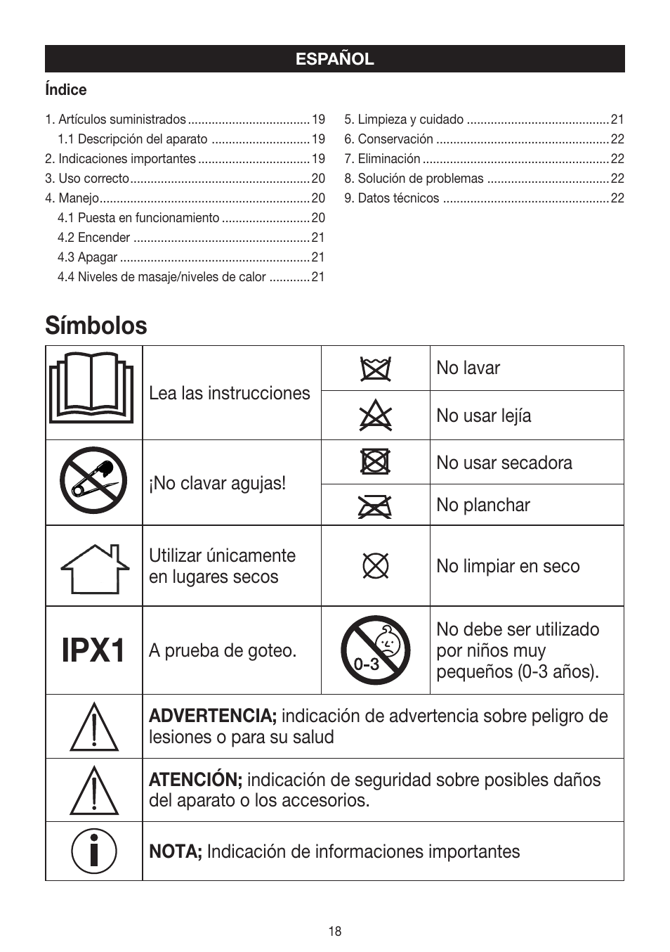Ipx1, Símbolos | Beurer FWM 40 User Manual | Page 18 / 44