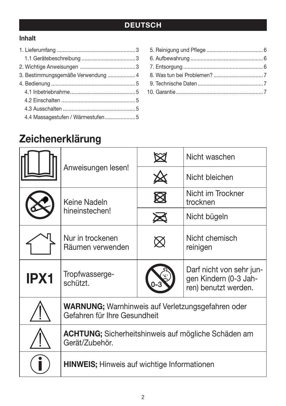 Ipx1, Zeichenerklärung | Beurer FWM 40 User Manual | Page 2 / 44