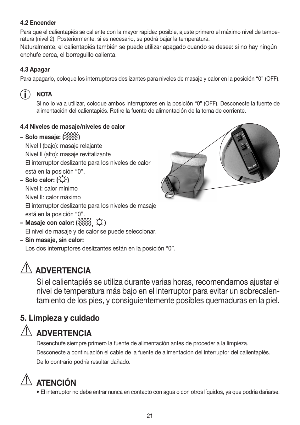 Advertencia, Atención | Beurer FWM 40 User Manual | Page 21 / 44