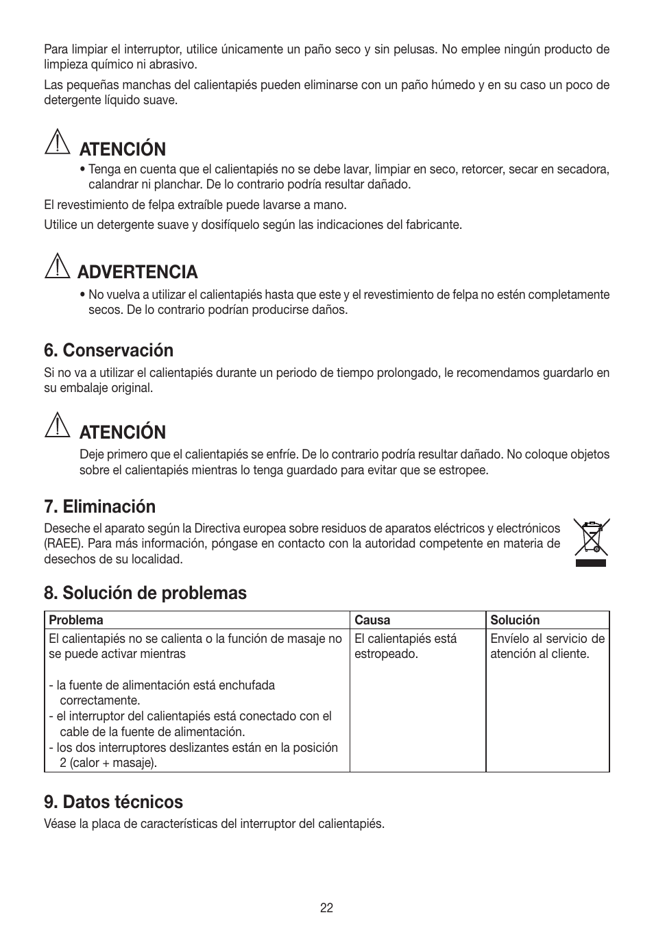 Atención, Advertencia, Conservación | Eliminación, Solución de problemas, Datos técnicos | Beurer FWM 40 User Manual | Page 22 / 44