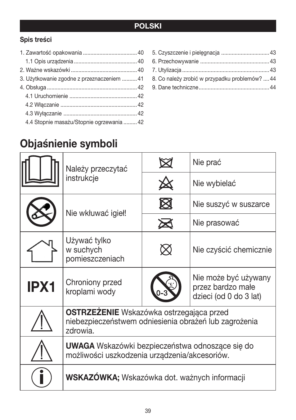 Ipx1, Objaśnienie symboli | Beurer FWM 40 User Manual | Page 39 / 44