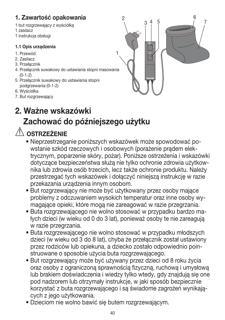 Ważne wskazówki zachować do późniejszego użytku, Zawartość opakowania | Beurer FWM 40 User Manual | Page 40 / 44