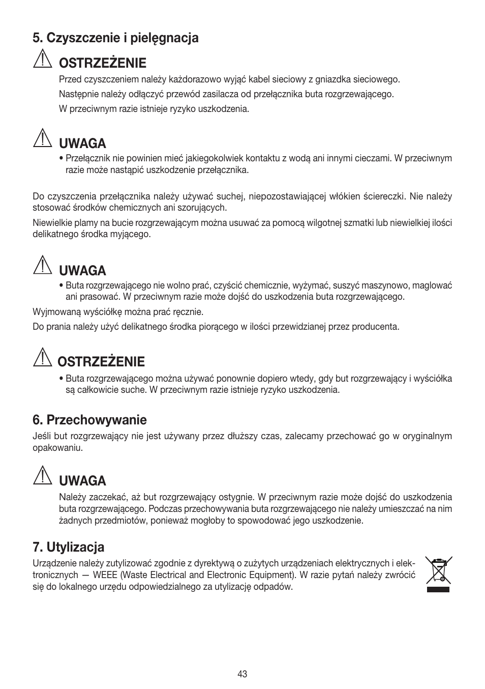 Czyszczenie i pielęgnacja, Ostrzeżenie, Uwaga | Przechowywanie, Utylizacja | Beurer FWM 40 User Manual | Page 43 / 44