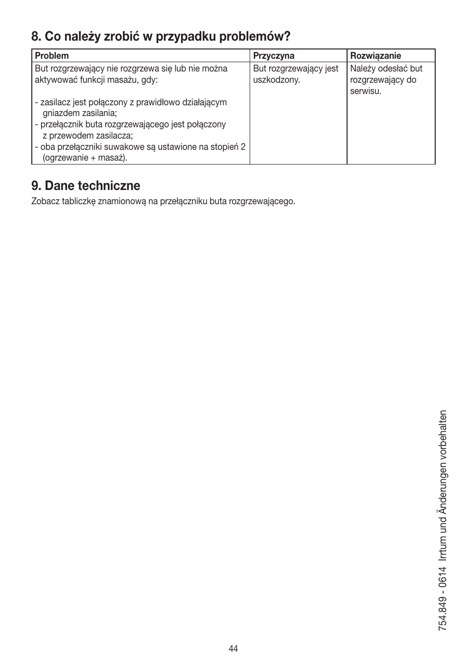 Co należy zrobić w przypadku problemów, Dane techniczne | Beurer FWM 40 User Manual | Page 44 / 44