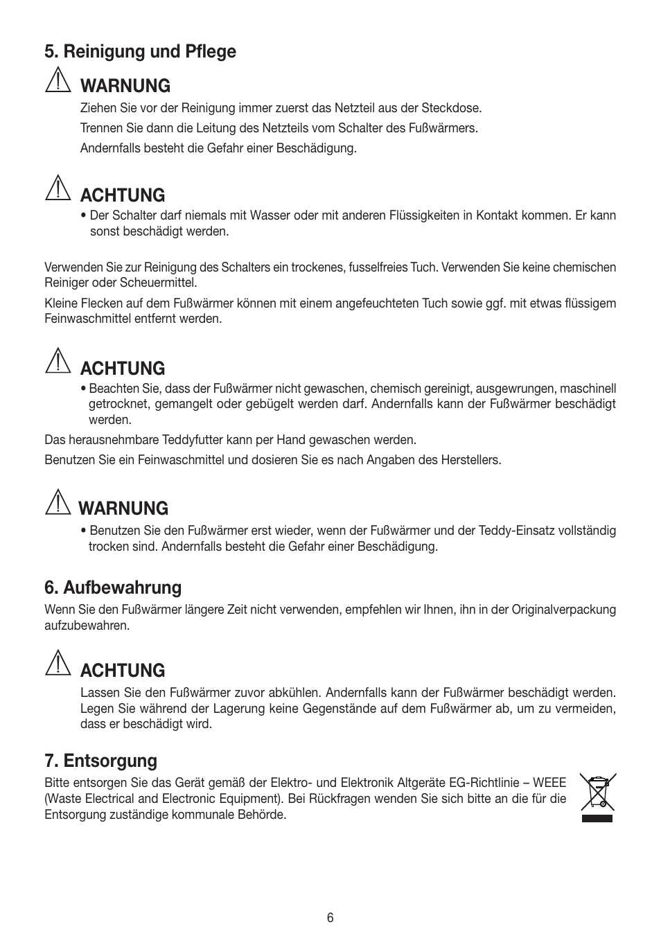 Reinigung und pflege, Warnung, Achtung | Aufbewahrung, Entsorgung | Beurer FWM 40 User Manual | Page 6 / 44
