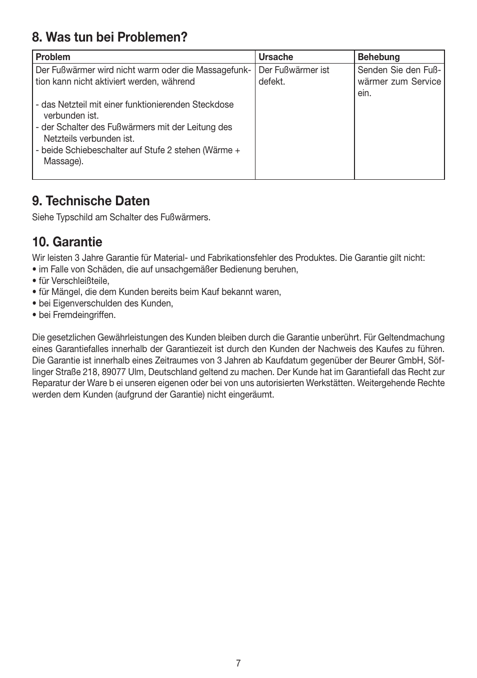 Was tun bei problemen, Technische daten, Garantie | Beurer FWM 40 User Manual | Page 7 / 44