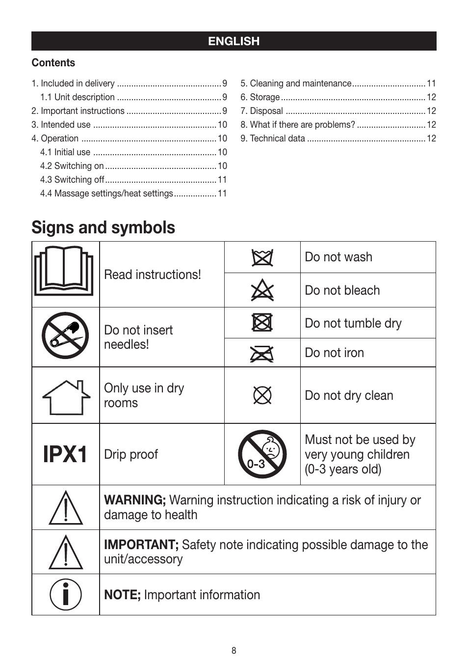 Ipx1, Signs and symbols | Beurer FWM 40 User Manual | Page 8 / 44