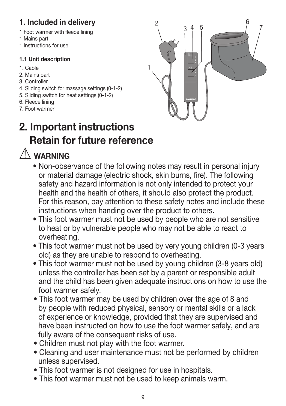 Important instructions retain for future reference, Included in delivery | Beurer FWM 40 User Manual | Page 9 / 44