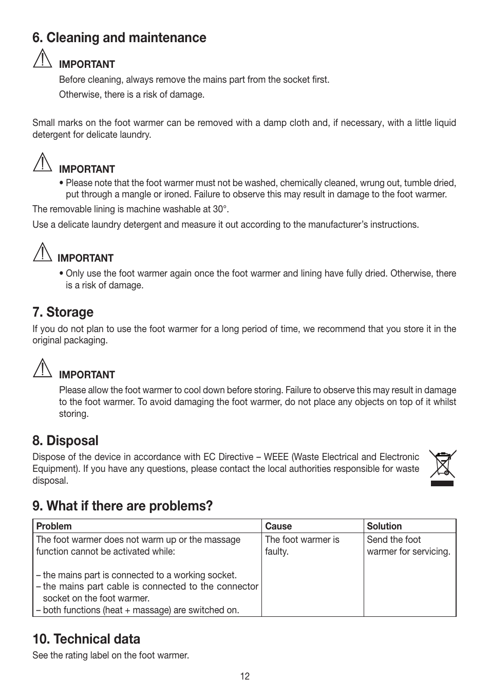 Cleaning and maintenance, Storage, Disposal | What if there are problems, Technical data | Beurer FWM 50 User Manual | Page 12 / 44