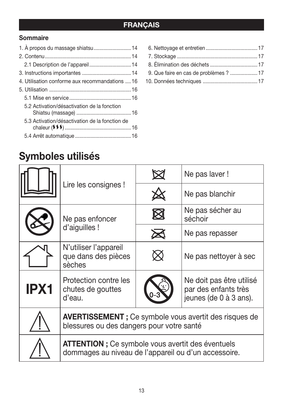 Ipx1, Symboles utilisés | Beurer FWM 50 User Manual | Page 13 / 44