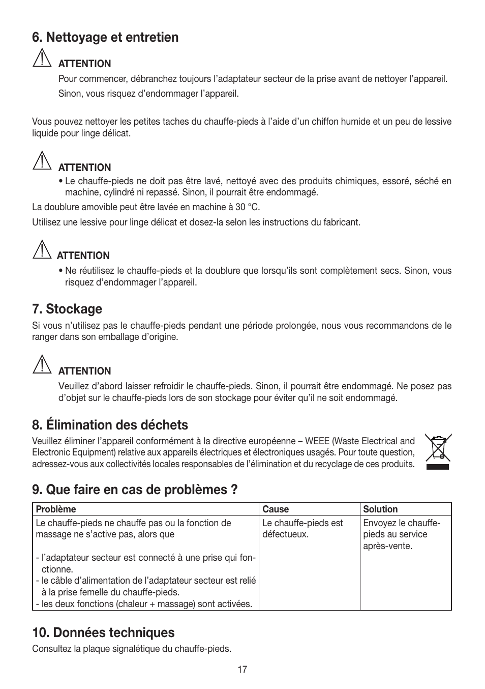 Nettoyage et entretien, Stockage, Élimination des déchets | Que faire en cas de problèmes, Données techniques | Beurer FWM 50 User Manual | Page 17 / 44