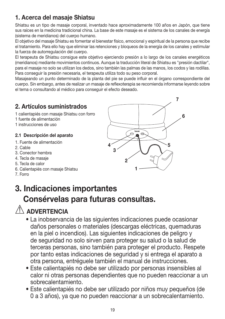 Acerca del masaje shiatsu, Artículos suministrados | Beurer FWM 50 User Manual | Page 19 / 44