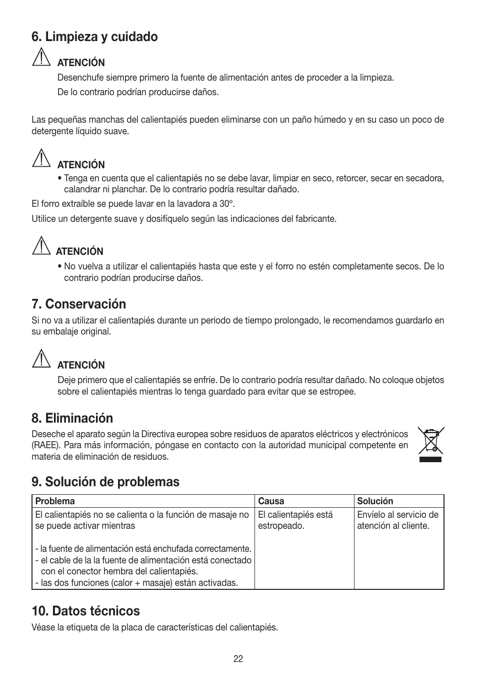 Limpieza y cuidado, Conservación, Eliminación | Solución de problemas, Datos técnicos | Beurer FWM 50 User Manual | Page 22 / 44