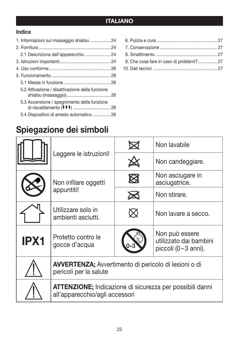 Ipx1, Spiegazione dei simboli | Beurer FWM 50 User Manual | Page 23 / 44