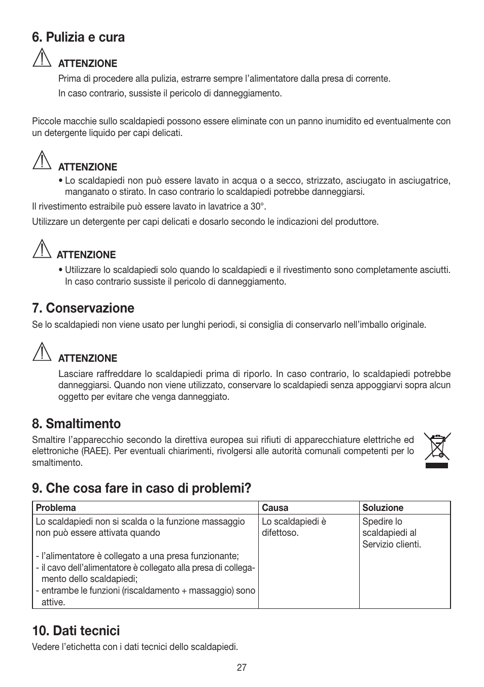 Pulizia e cura, Conservazione, Smaltimento | Che cosa fare in caso di problemi, Dati tecnici | Beurer FWM 50 User Manual | Page 27 / 44