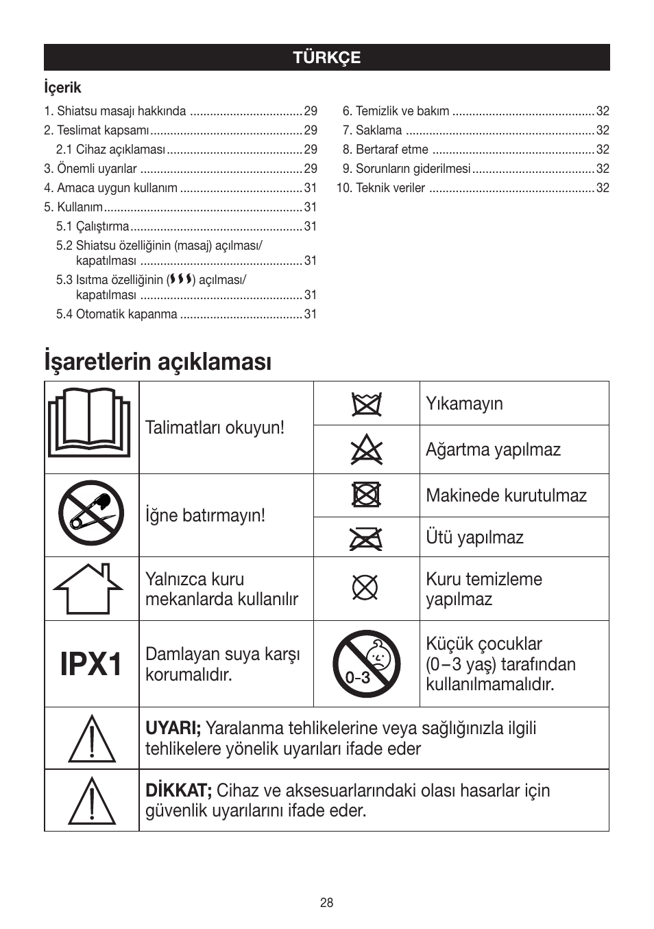 Ipx1, Işaretlerin açıklaması | Beurer FWM 50 User Manual | Page 28 / 44