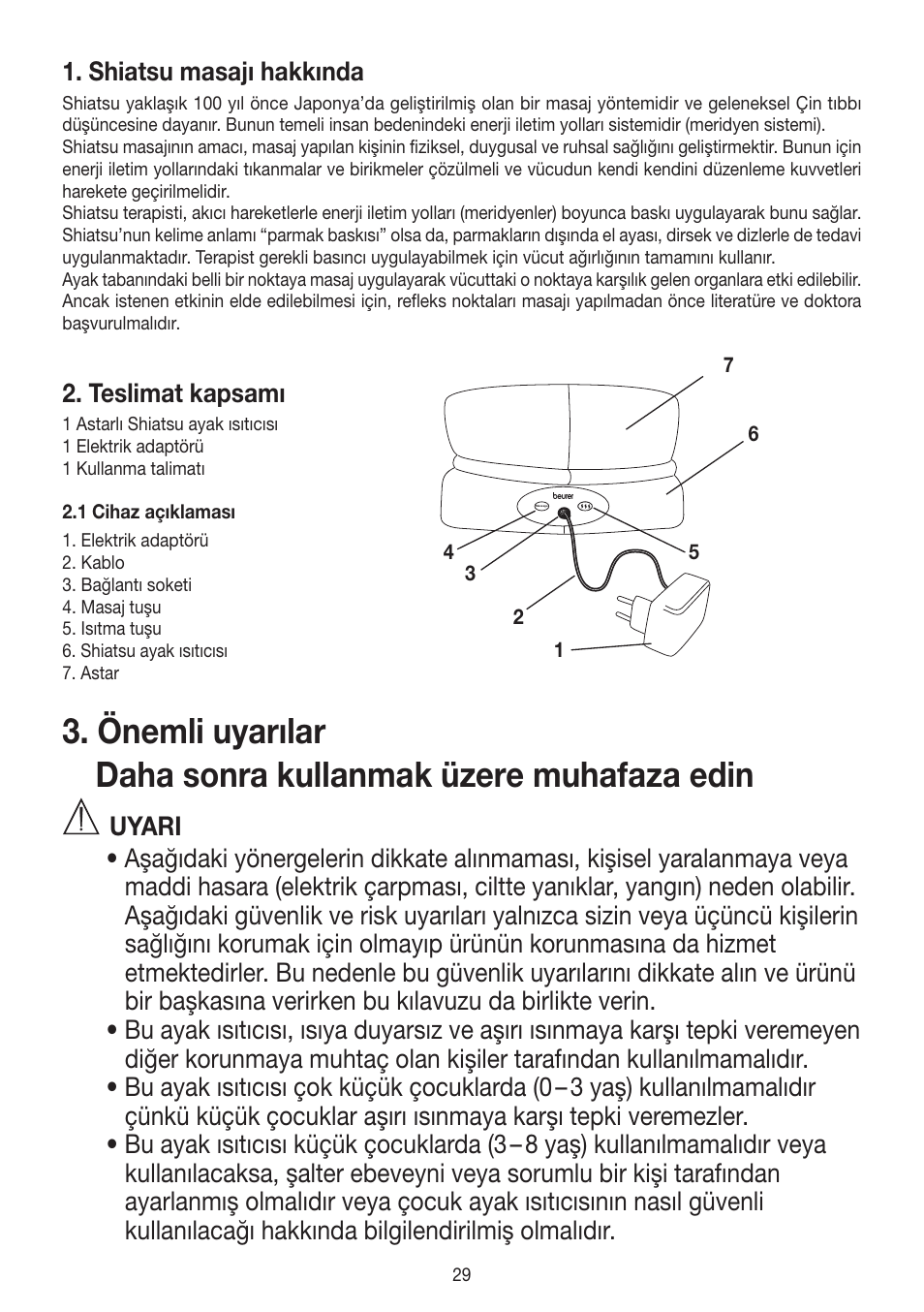 Shiatsu masajı hakkında, Teslimat kapsamı | Beurer FWM 50 User Manual | Page 29 / 44