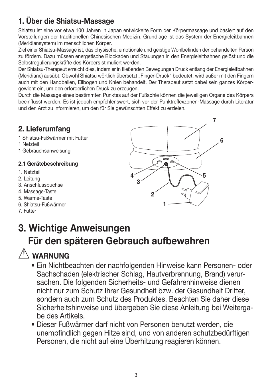 Über die shiatsu-massage, Lieferumfang | Beurer FWM 50 User Manual | Page 3 / 44