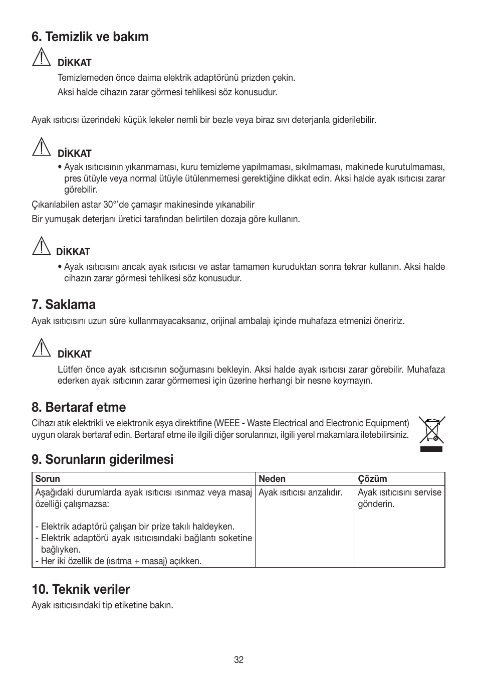 Temizlik ve bakım, Saklama, Bertaraf etme | Sorunların giderilmesi, Teknik veriler | Beurer FWM 50 User Manual | Page 32 / 44