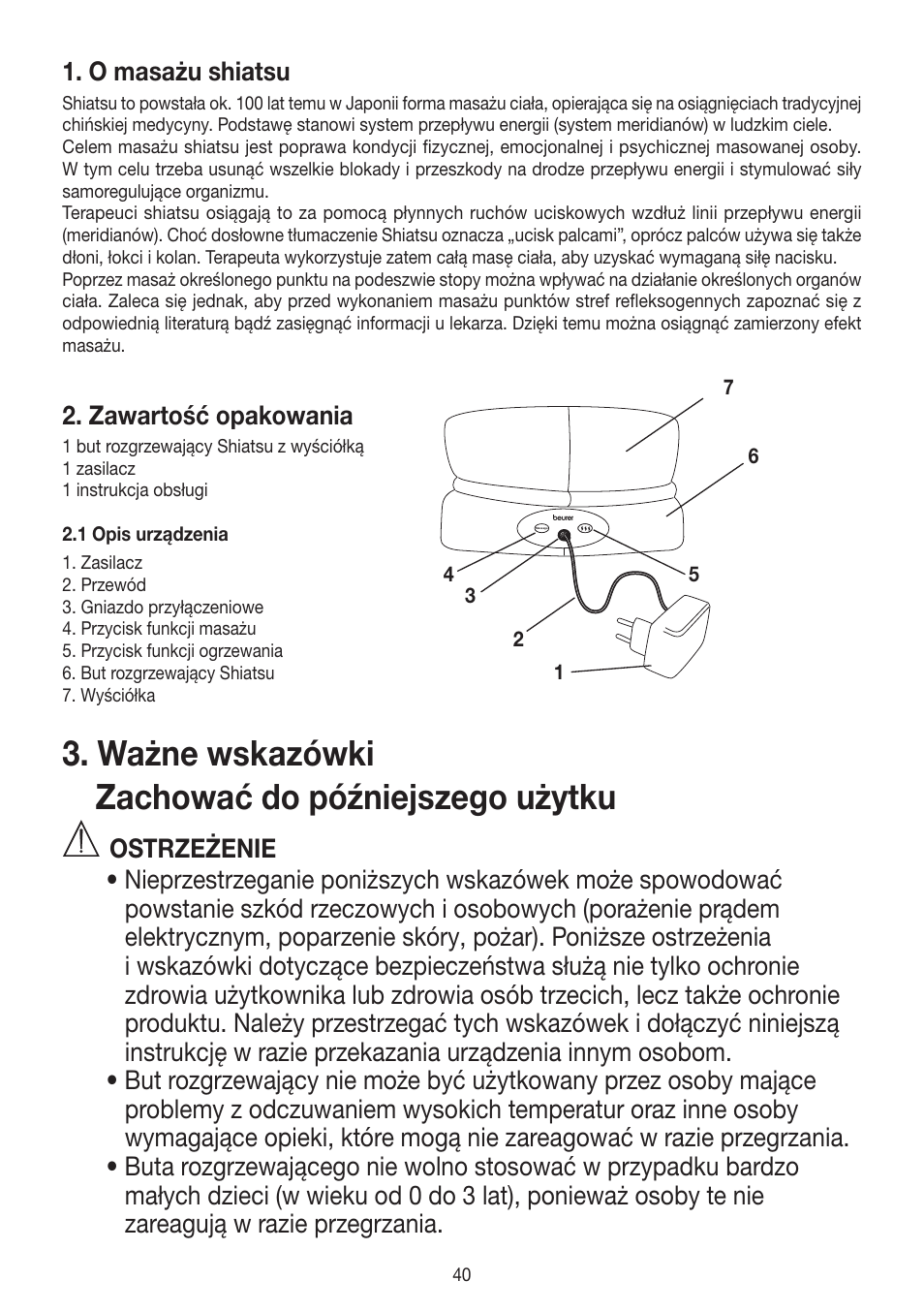 Ważne wskazówki zachować do późniejszego użytku, O masażu shiatsu, Zawartość opakowania | Beurer FWM 50 User Manual | Page 40 / 44