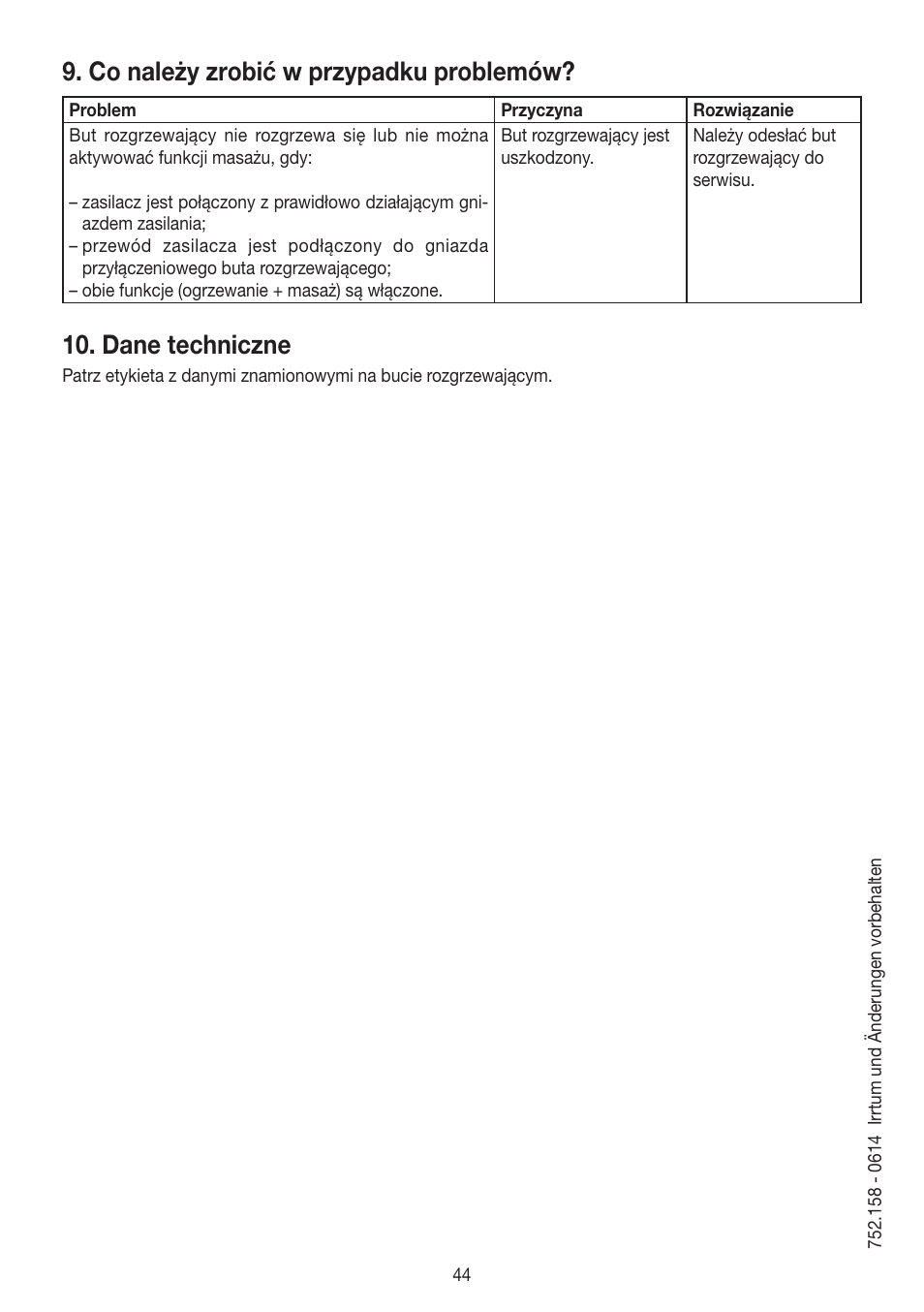Co należy zrobić w przypadku problemów, Dane techniczne | Beurer FWM 50 User Manual | Page 44 / 44