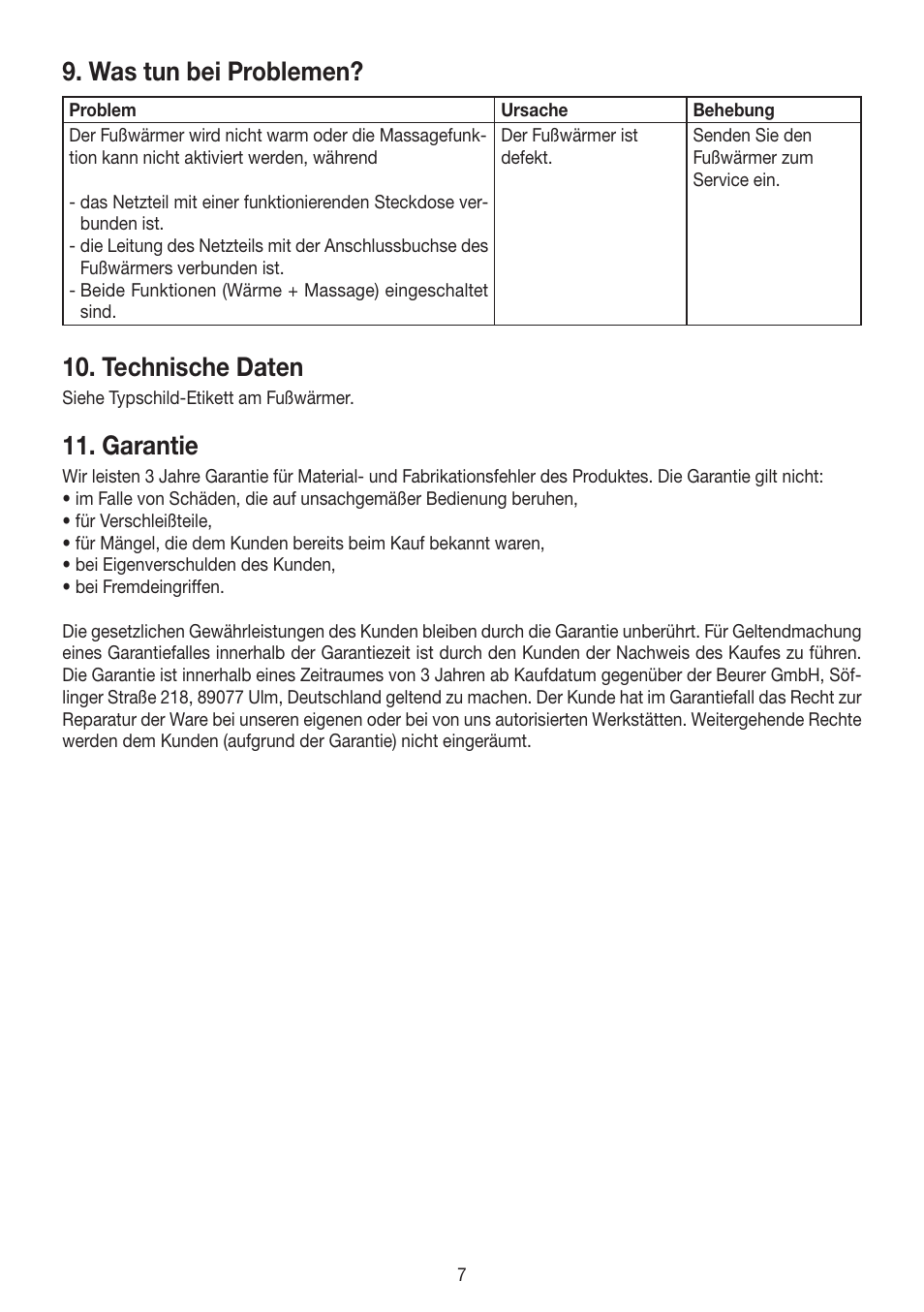 Was tun bei problemen, Technische daten, Garantie | Beurer FWM 50 User Manual | Page 7 / 44