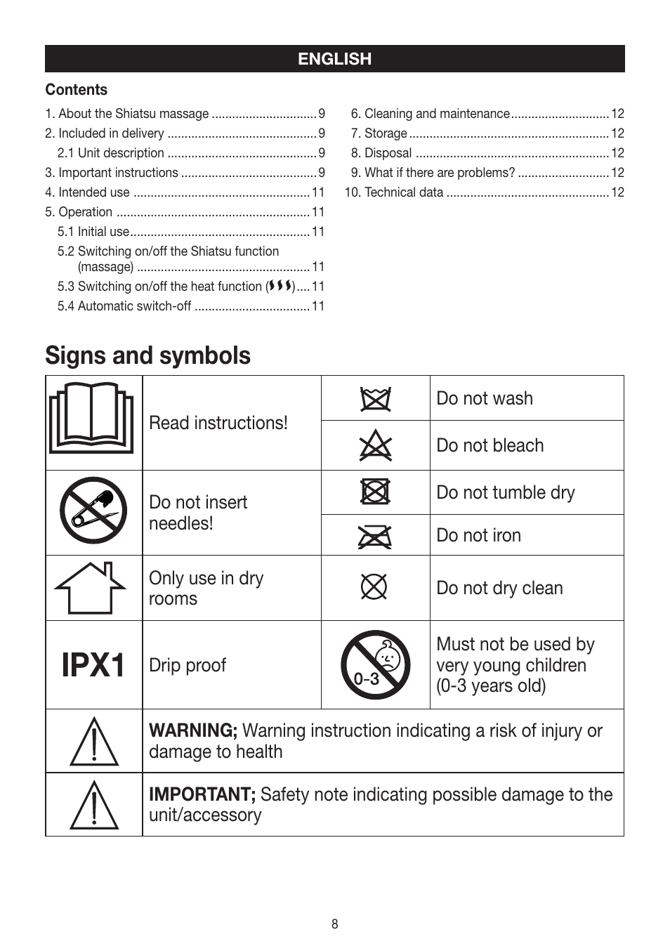 Ipx1, Signs and symbols | Beurer FWM 50 User Manual | Page 8 / 44