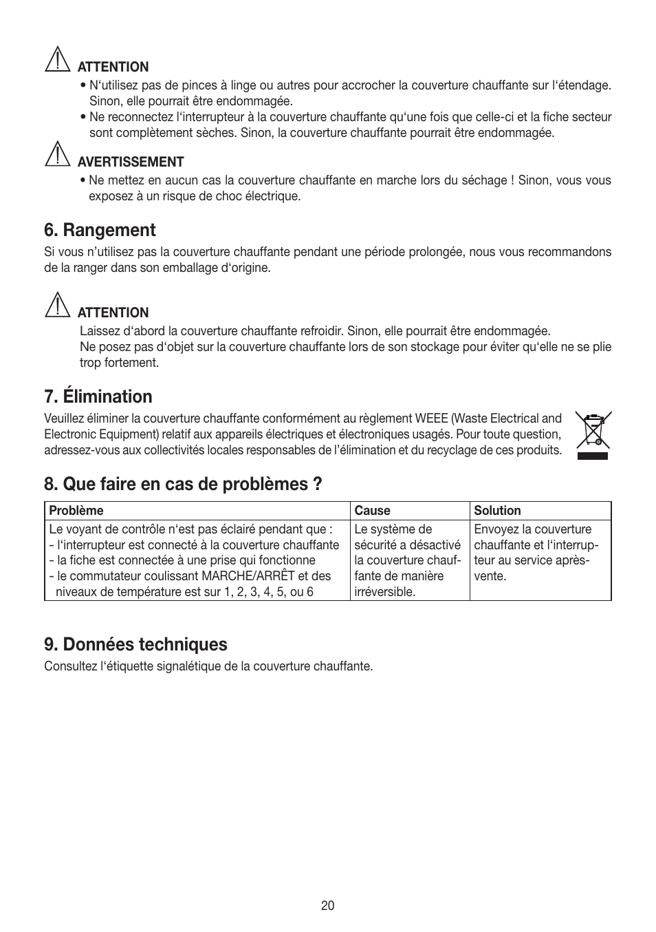 Rangement, Élimination, Que faire en cas de problèmes | Données techniques | Beurer HD 100 User Manual | Page 20 / 52