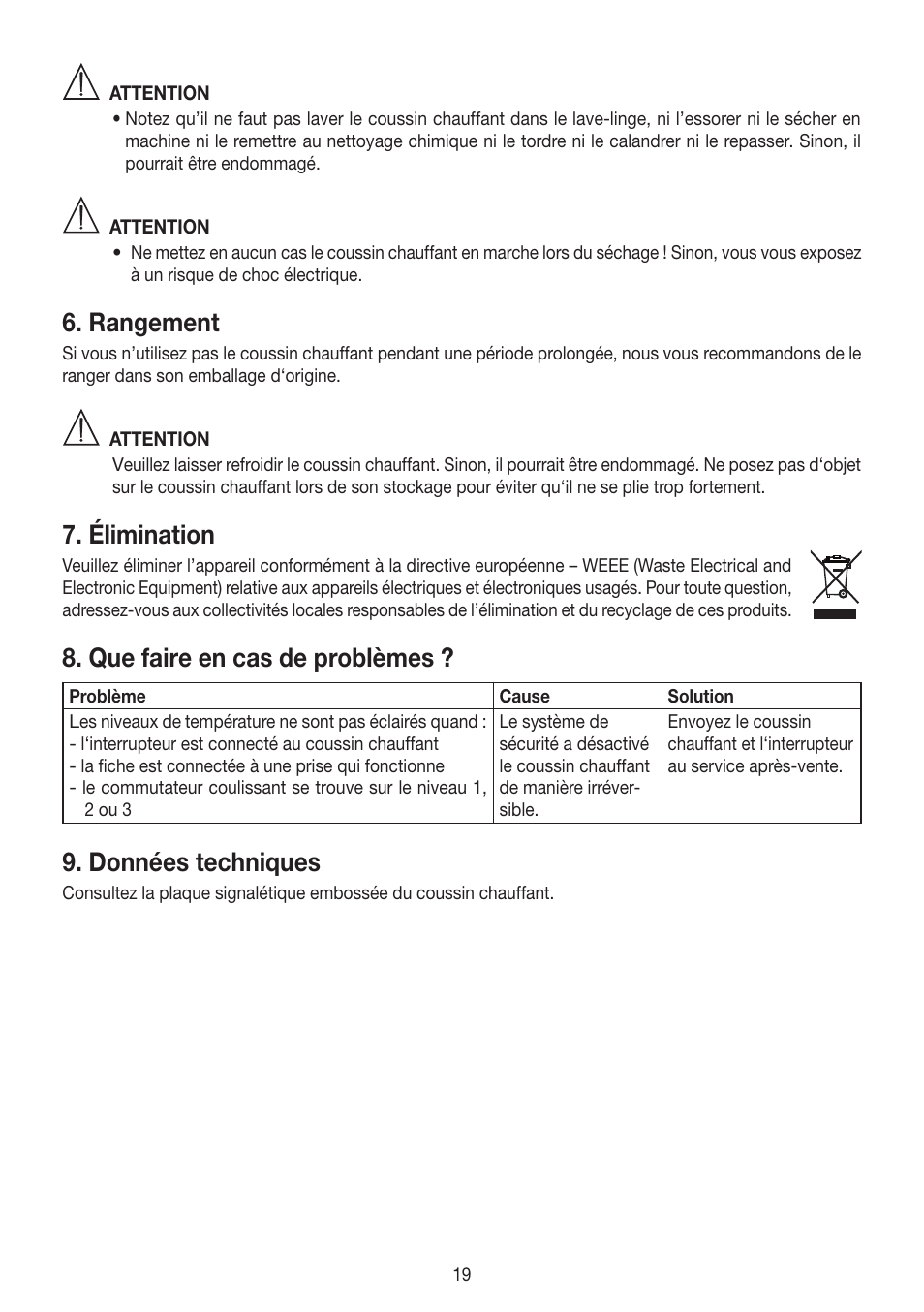 Rangement, Élimination, Que faire en cas de problèmes | Données techniques | Beurer HK 25 User Manual | Page 19 / 52